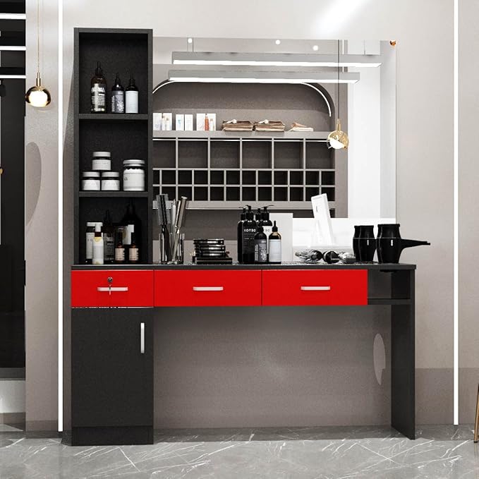 Paddie Barber Salon Station Wall Mount Hair Styling Salon Equipment Set Beauty Spa Furniture Set, Lockable Left Shelf, Mirror not Included (Red & Black)