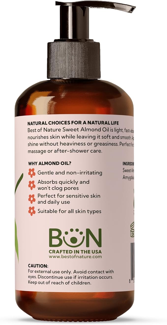 Best of Nature 100% Pure Sweet Almond Massage & Body Oil, Deep Moisturizing Unscented Oil for Hair, Skin, Face, & Aromatherapy, Ideal Carrier Oil for Essential Oils (8 fl oz)