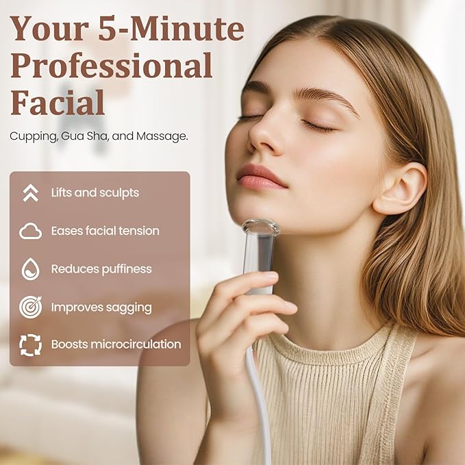 Electric Facial Cupping Therapy Set, 3-in-1 Face Cupping, Gua Sha & Massage Tool for Skin Care, 6 Pcs Glass Facial Rejuvenation Device for Sculpting, & Toning Chin, Jawline & Neck