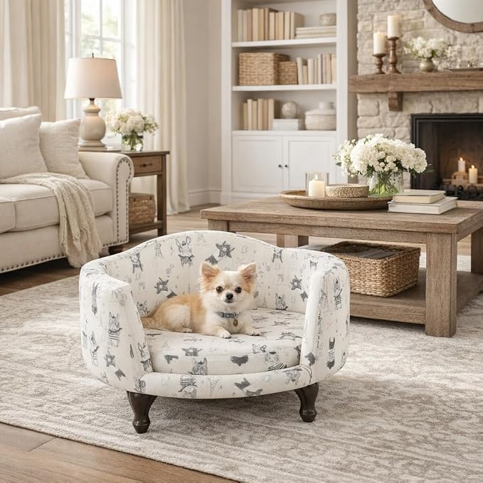 HomePop Home Decor | Upholstered Curved Pet Bed | Luxury Cat & Dog Beds & Furniture | Round Pet Bed Created with Stain Resistant Fabric, Cream and Gray, Medum