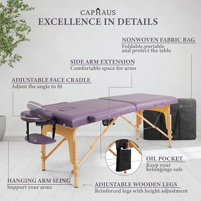 CAPHAUS 84 Inch Memory Foam Massage Table, 28 Inch Wide Foldable & Portable Massage Bed, Facial Cradle Salon Bed Wooden Legs & Carry Case, Height Adjustable Spa Bed, Purple
