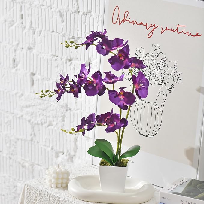 22" Dark Purple Faux Orchid in Ceramic Vase for Table Décor | Real Look Potted Phalaenopsis, Ideal Centerpiece for Home, Office, or Indoor Display, Lifelike Silk Flowers, No Maintenance