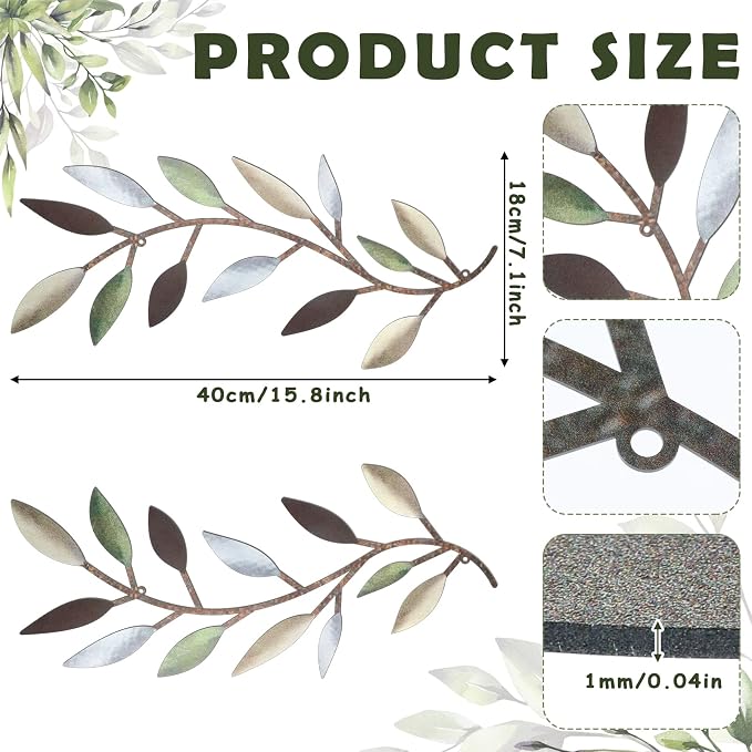 Zhengmy 2 Pcs Metal Leaf Wall Art Vine Branch Decor,Colorful | Olive Branch Metal Decor for Living Room Hallway, Symmetrical Leaf Pair for Doorway Entryway, Lightweight Hanging Art Design