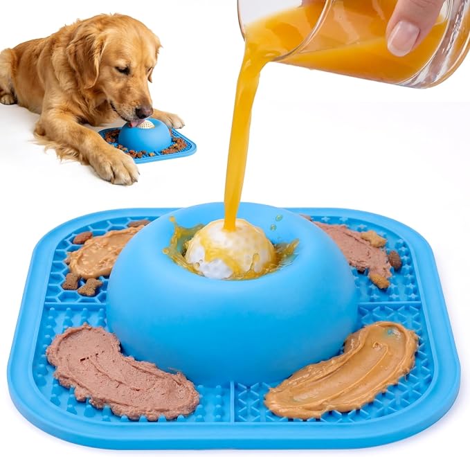 Slow Feeder Dog Bowls & Lick Mat for Liquid and Thick Treat, Anti-Slip Dog Lick Bowl with Interactive Rolling Ball, 5/6 Cup Pup Licking Toy for Large Medium Small Dogs and Cats-Large Blue