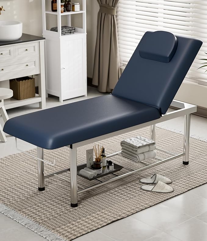 SyyBhb Professional Stationary Massage Table, 550lbs Heavy Duty Wide Exam Bed for Treatment, Backrest Adjustable, Removable Headrest, Bottom Shelf Storage and Towel Hook, Blue