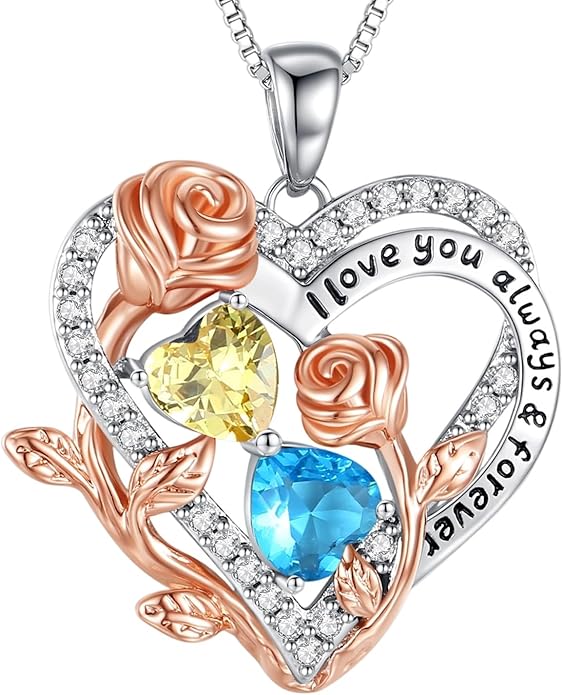 I Love You Birthstone Necklace, 925 Sterling Silver Heart Pendant with CZ Diamond Stones, Birthday Gifts for Women, Romantic Gift for Wife, Girlfriend, Her, Anniversary, Valentine's Day, Christmas