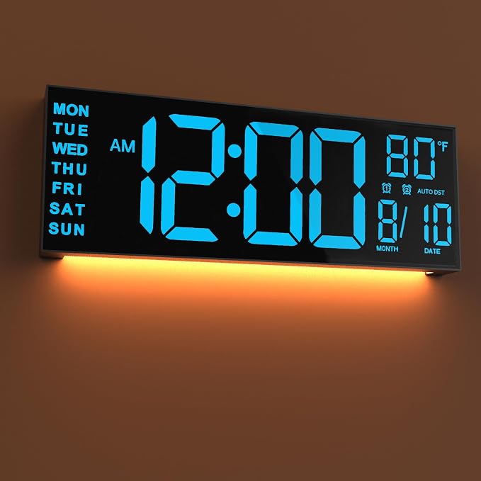 JALL 16" Large Digital Wall Mount Clock, Count Down Timer, Alarm, Big LED, DST, Temperature for Living Room Classroom Desk, Xmas, Birthday Gift for Senior Men Women Mom Dad, Blue