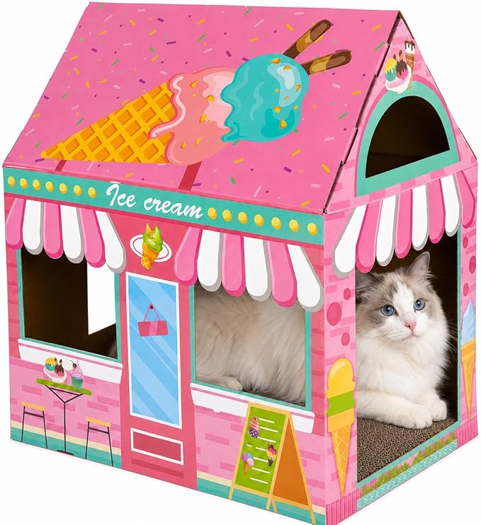 Cinrobiye Cardboard Cat House with Scratcher, Indoor Cat Condo Cat Cave Hideout with Scratch Pad, Cardboard Cat Playhouse Bed for Cats, Kittens, Rabbits & Small Pets (Ice Cream)