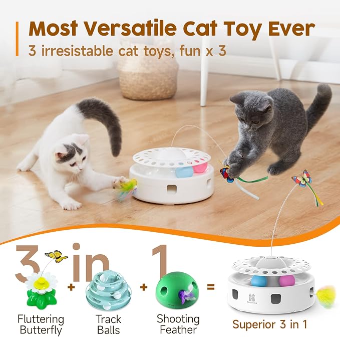 Potaroma Cat Toys 3in1 Automatic Interactive Kitten Toy, Fluttering Butterfly, Moving Feather, Track Balls, Dual Power Supplies, USB Powered, Indoor Exercise Kicker (Bright White) | Fluttering Butterfly, Moving Feather, Balls, Dual Power Supplies, USB ...