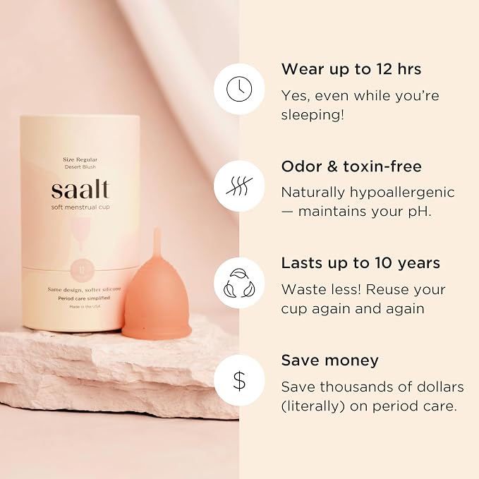 Saalt Soft Menstrual Cup – Reusable Period Cup – Made for Comfortable, Leak-Free Protection Up to 12 Hours – BPA & Latex Free – Includes Cup & Carry Bag (Small, Desert Blush)