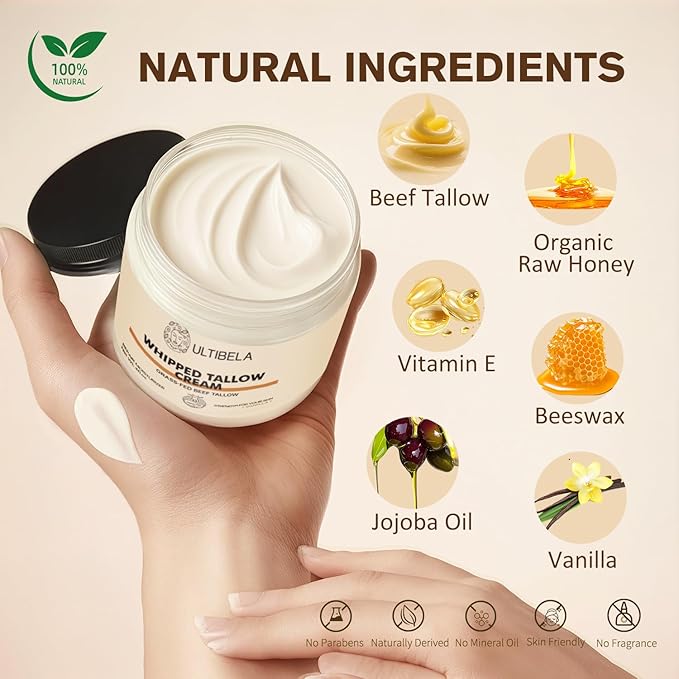 100% Grass-Fed Handmade Beef Tallow for Skin Care, Whipped Tallow and Honey Balm for Body ＆ Face Natural Body Cream for Dry & Sensitive Skin, 4OZ (Vanilla)