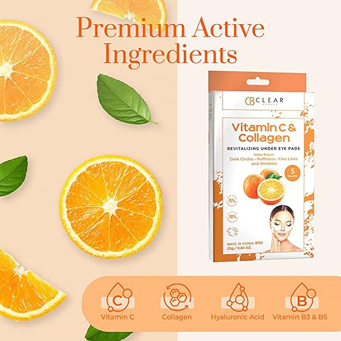 Clear Beauty Vitamin C & Collagen Under Eye Patches – Reduces Dark Circles, Puffiness & Fine Lines – Hydrating & Firming Eye Pads – Dermatologist Tested, Korean Skin Care, Vegan Clean Beauty – 5 Pairs