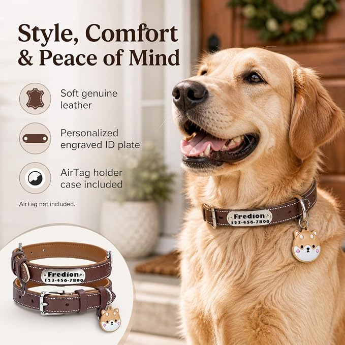 Personalized Leather Dog Collar with AirTag Holder Case, Custom Engraved Nameplate Dog Collar, Adjustable Genuine Leather Soft Padded Dog ID Collar for Medium Large X-Large Dogs-Brown Padded-XL
