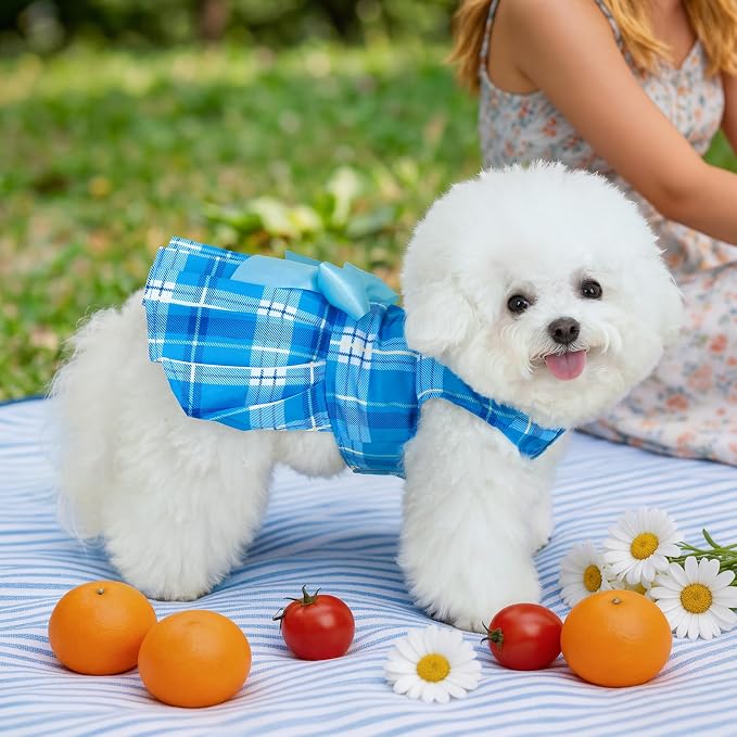 XPUDAC 4 Pack Plaid Dog Dress for Small Dog, Sweet Bowknot Cute Puppy Dress Pet Princess Clothes for Birthday Holiday Spring Summer Pet Outfits Girl Pink Purple, L