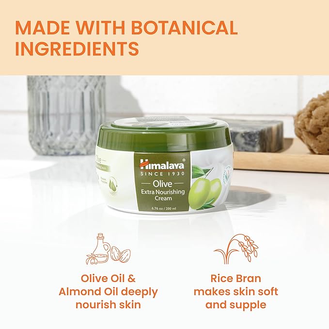 Himalaya Olive Extra Nourishing Cream, with Olive Oil, Almond Oil, Vitamin E & Rice Bran for Deep Nourishment and Body Moisture, 6.76 fl oz (200 ml)