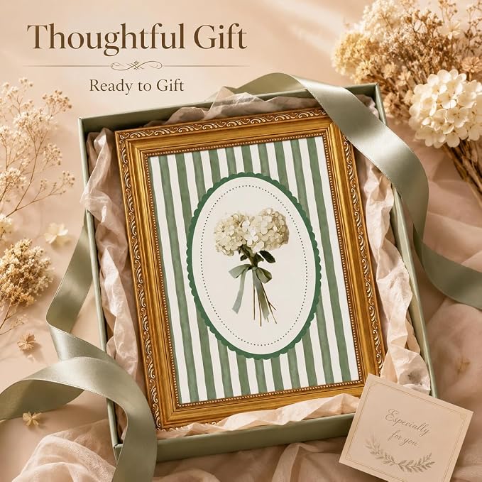 Vintage Botanical Wall Art, Green Stripe Floral Print, Gold Framed Canvas | Vintage botanical wall art with green stripe background and gold frame, suitable for living room, dining room, and entryway.