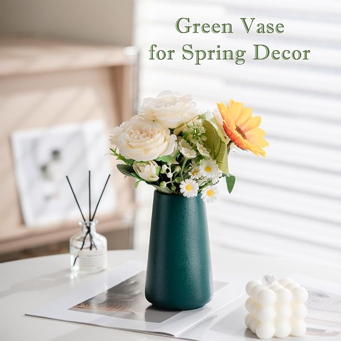 Simple Boho Ceramic Flower Vase for Home Decor (Green,Small) | 6'' Modern Farmhouse Vase for Flower Plant Pampas Grass, Fit for Table Shelf Centerpieces, Living Room Bedroom Wedding Gift