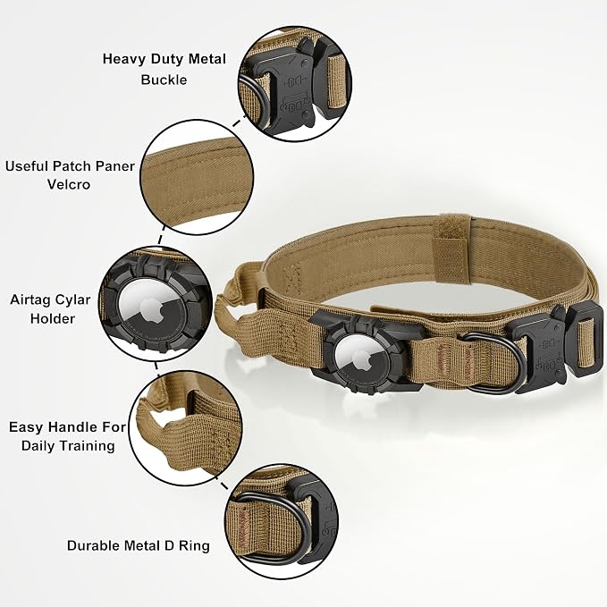 Tactical AirTag Dog Collar Leash Set - Heavy Duty, Adjustable GPS Collar