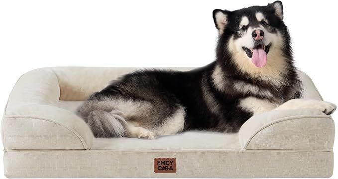 EHEYCIGA Orthopedic XXL Dog Bed, Waterproof Washable XL Big Pet Bed 52" | Non-Slip Bottom and Egg-Crate Memory Foam Extra Large Pet Couch Bed with Washable Removable Cover, Beige
