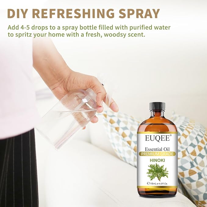 EUQEE Hinoki Essential Oil 118ml/4Fl Oz, Japanese Hinoki Oil Premium Natural Wood Scent Aromatherapy Oil with Glass Dropper for Meditation, Skincare, Diffuser, DIY Soap, Home Spa