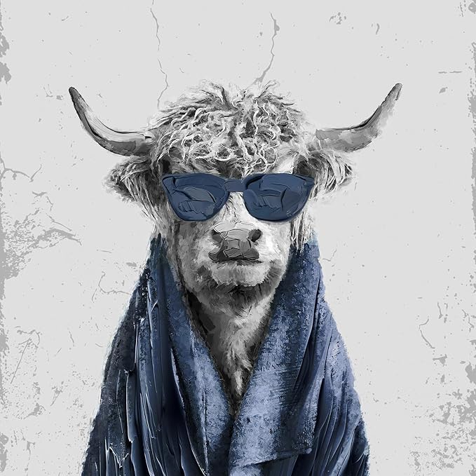 Framed Highland Cow Funny Animal Bathroom Wall Art, 4 Piece 8x10 In | Crystal porcelain coating, Waterproof prints, Navy blue and grey pictures, Wall decor for restroom toilet washroom