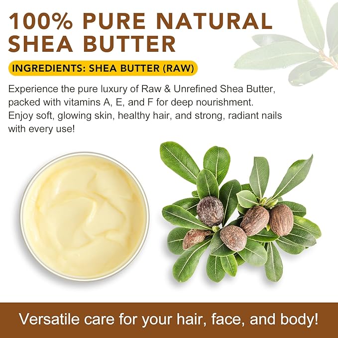 2 Pack Shea Butter Raw, Unrefined Body & Face Butter - 100% Natural Vitamin A, E & F - Long-Lasting Hydration for Dry Skin, Hair Care, 7.8 oz