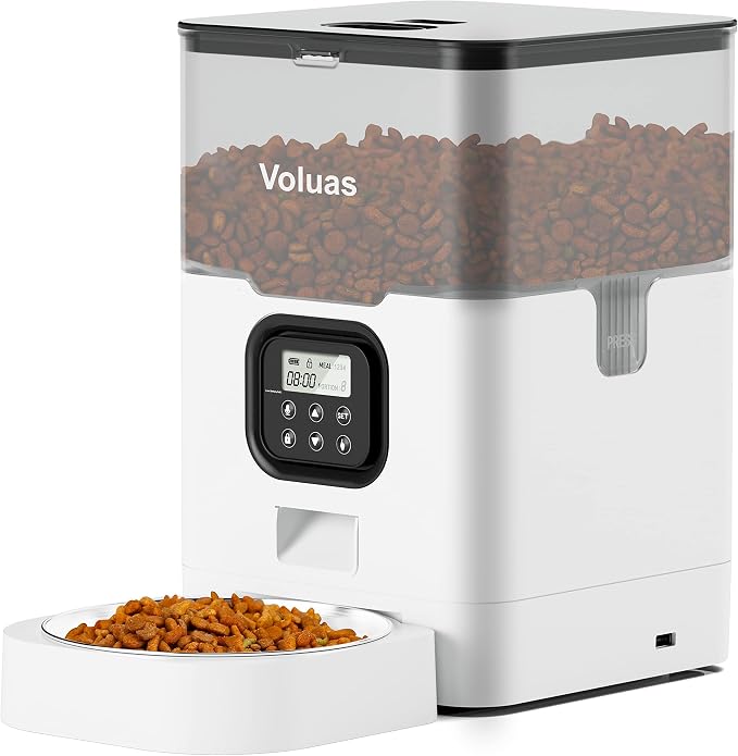 VOLUAS Automatic Cat Feeder, 4L Timed Dry Food Dispenser for Cats & Dogs | Programmable Portion Control, Up to 4 Meals Daily, Dual Power Supply, Power-Off Memory, 10-Second Voice Recorder