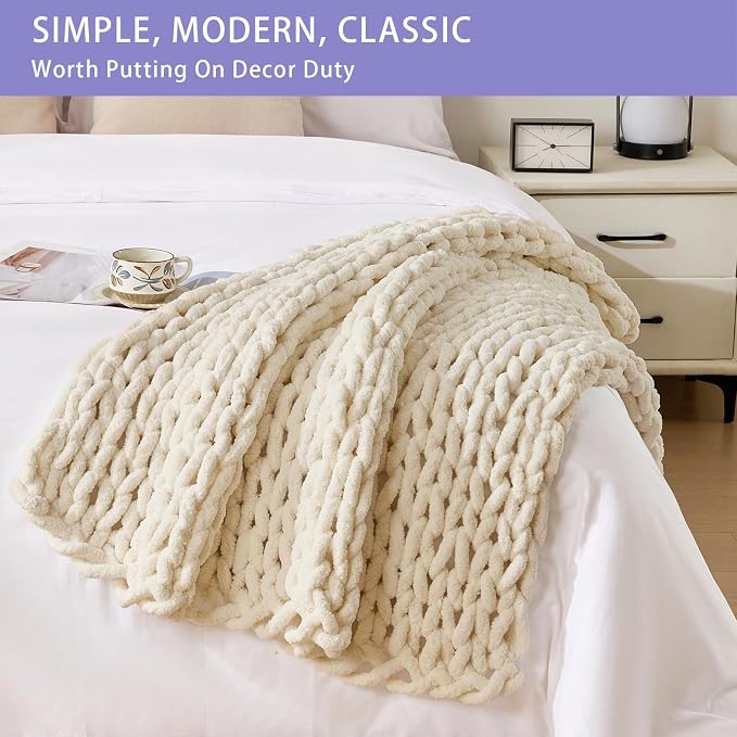 Bigacogo Chunky Knit Throw Blanket for Couch, 40x40 inches, Beige | Hand Knit with Jumbo Chenille, Soft Breathable Cable Knit for Sofa Bed Living Room, Machine Washable, Gift for Mom Friend