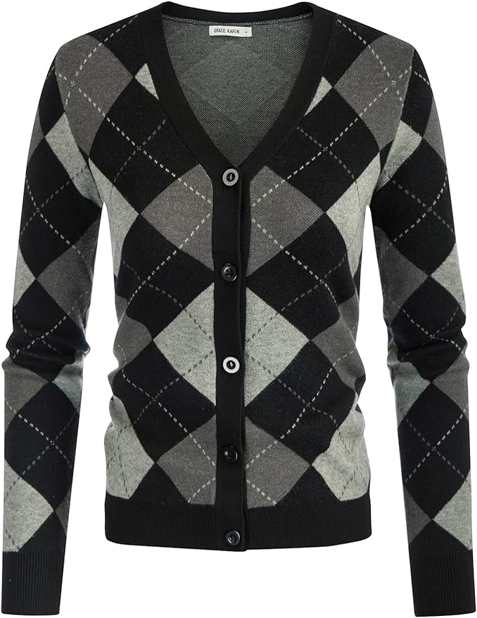 GRACE KARIN Womens Cardigan Sweater Fall Fashion Argyle Sweater Button Up Cardigan Teacher Outfits Preppy Clothes