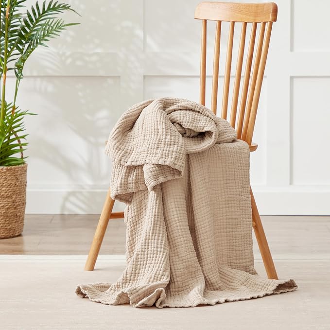 100% Cotton Muslin Blanket 50" x 60", Breathable and Lightweight Cotton Throw Blankets for Couch, Soft Cooling Summer Gauze Blanket for Adults All Season, Beige