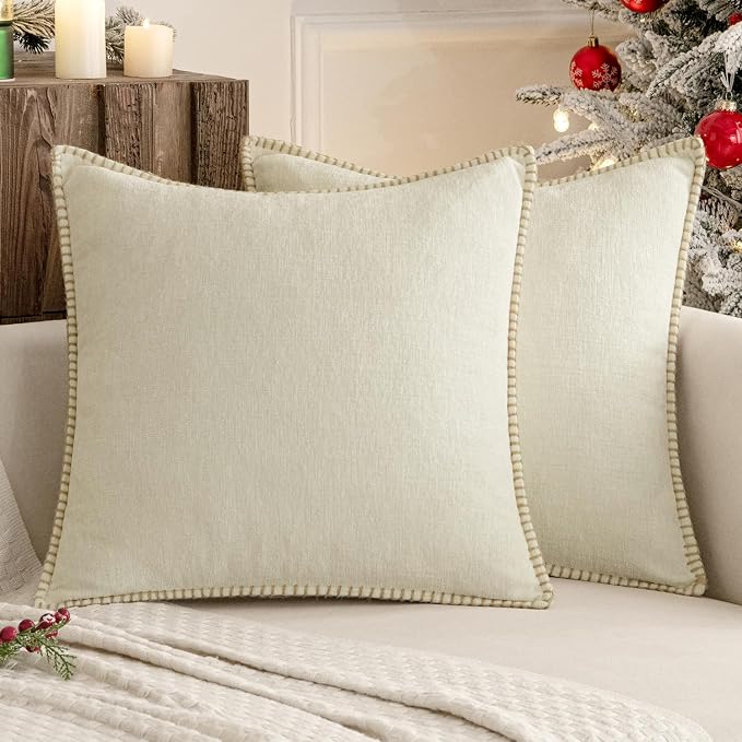 MIULEE Decorative Couch Throw Pillow Covers 20x20 Inch Cream White 2 Pack | Farmhouse Pillow Covers with Stitched Edge, Soft Chenille Cushion Cases, for Sofa Bed Living Room Home Decor