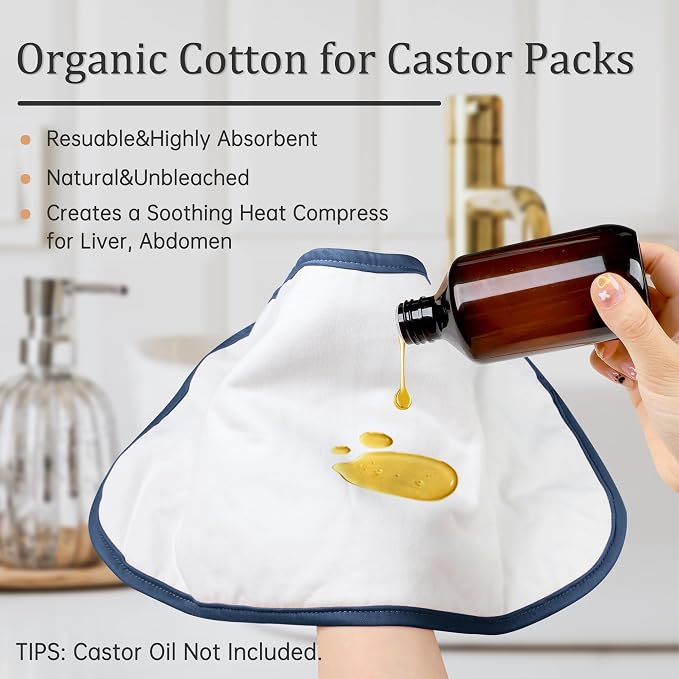 Reusable Castor Oil Pack Wrap for Liver Detox, Castor Oil Wrap for Stomach Less Mess, Elastic Strap Bamboo Cotton Machine Washable Anti Oil Leak 2pcs, Blue and White