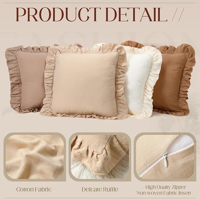 8 Packs Neutral Color Ruffle Pillow Covers with Inserts 18 x 18 Inches Soft Cotton Ruffle Pillowcase Rustic Boho Farmhouse Modern Home Decor for Bed Sofa Living Room Couch