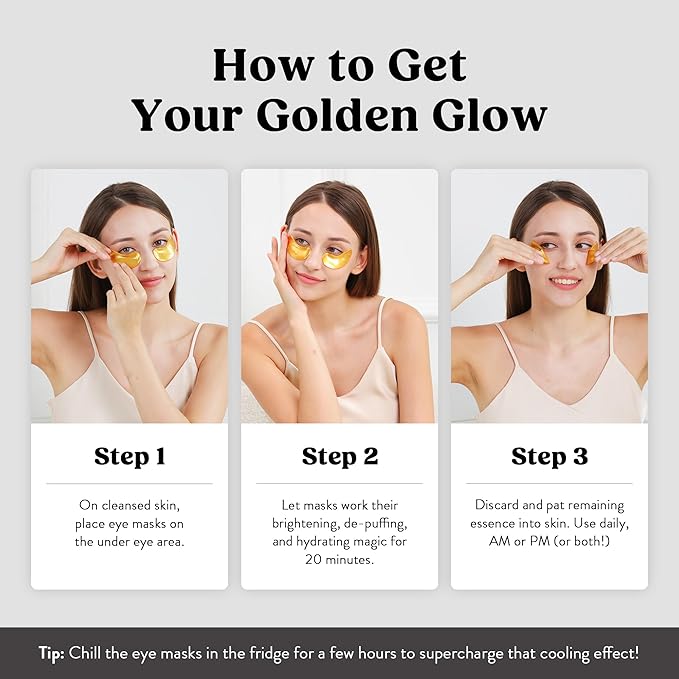 DERMORA Golden Glow Under Eye Patches | Rejuvenating Treatment | Dark Circles, Puffy Eyes, Refreshing, Revitalizing, Travel, Wrinkles | 50 Pairs Eye Gels