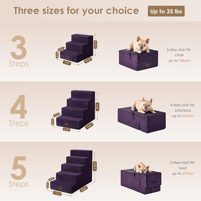 EHEYCIGA Dog Stairs for Small Dogs 13.5" H, 3-Step Dog Steps for Cats, Purple