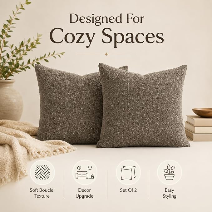 JoraLion 18x18 inch Boucle Throw Pillow Covers, Brown Woven Texture Neutral Pillow Cover Breathable Cushion Case for Couch Sofa Bed Living Room Home Decor, Pack of 2, No Insert