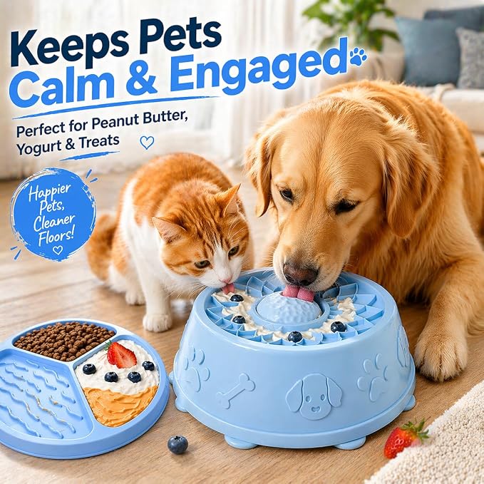 Slow Feeder Dog Bowls with Rolling Ball & Lick Mat for Dogs, Interactive Dog Enrichment Toy, Anti-Slip Puzzle Feeder for Yogurt, Bone Broth & Wet Food, Slow Eating Bowl for Small, Medium & Large Dogs