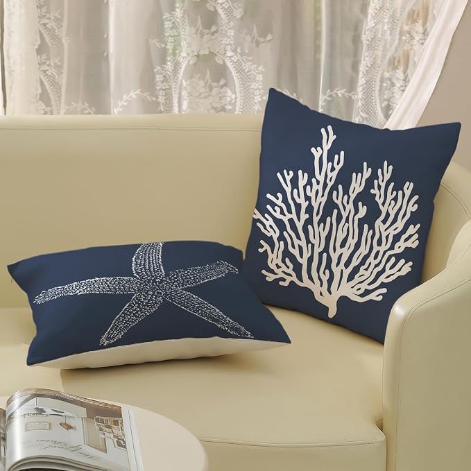 Blue Starfish Pillow Covers 24x24 Inch Set of 2, Nautical Ocean Coastal blue Coral Throw Pillows Spring Summer Decorations Linen Pillowcase Outdoor Decor Farmhouse Cushion Case for Home Holiday