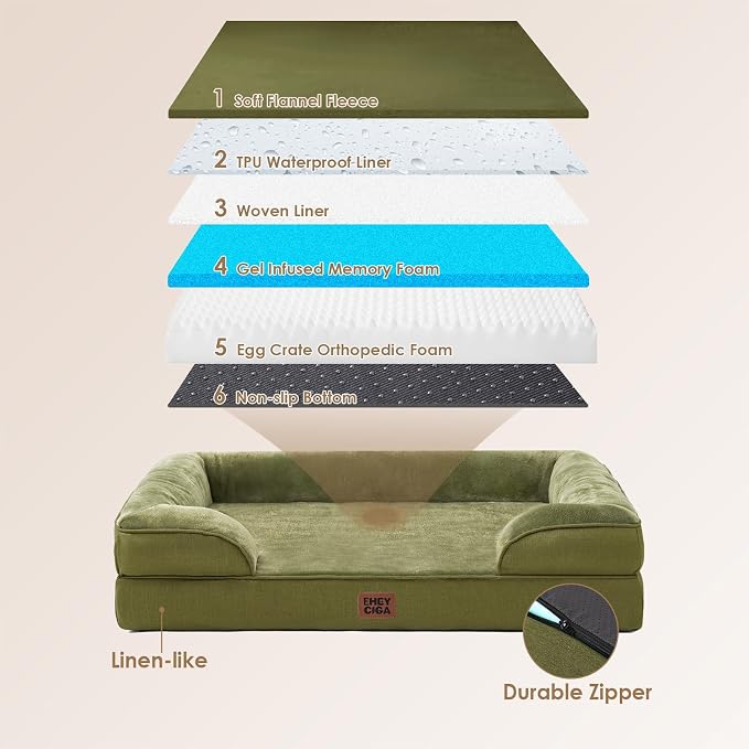 EHEYCIGA Orthopedic XXL Dog Bed, Waterproof Washable XL Big Pet Bed 48" | Non-Slip Bottom and Egg-Crate Memory Foam Extra Large Pet Couch Bed with Washable Removable Cover, Olive Green
