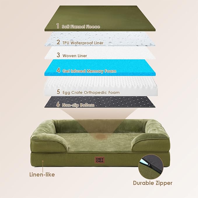 EHEYCIGA Orthopedic XXL Dog Bed, Waterproof Washable XL Big Pet Bed 52" | Non-Slip Bottom and Egg-Crate Memory Foam Extra Large Pet Couch Bed with Washable Removable Cover, Olive Green