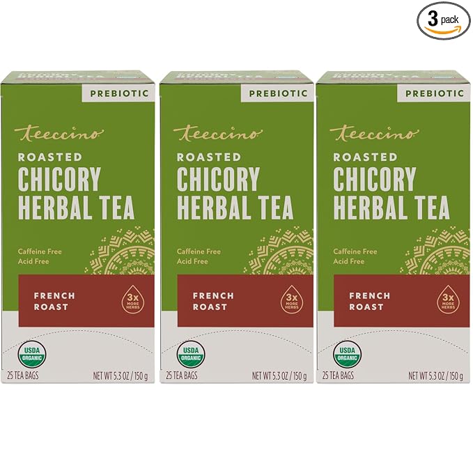 Teeccino French Roast Herbal Tea - 25 Tea Bags - Rich & Roasted Herbal Tea That’s Caffeine Free & Prebiotic for Natural Energy, Coffee Alternative, (Pack of 3)