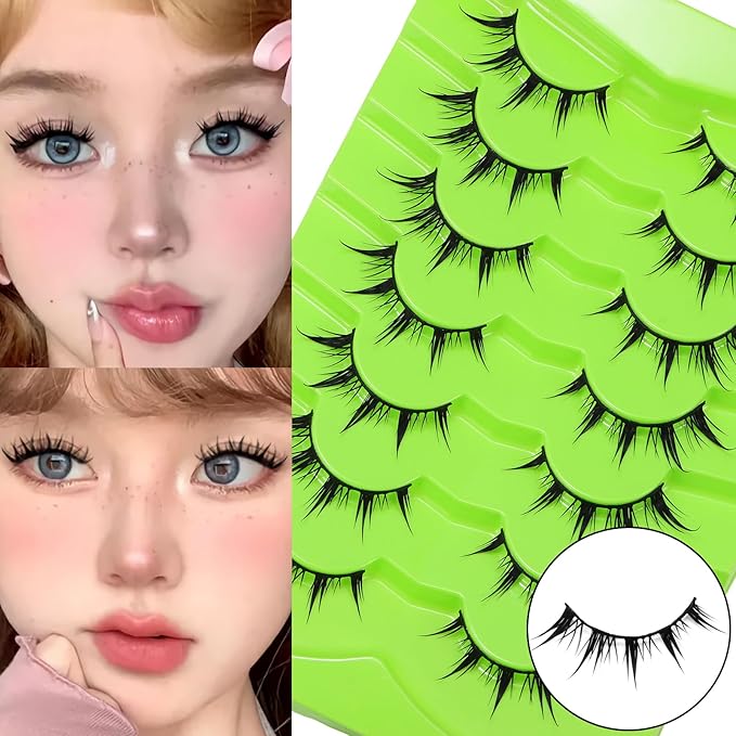 outopen 7 Pairs Manga Lashes Natural Look False Eyelashes Wispy Spiky Anime Lashes Korean Japanese Asian Style Cosplay Fake Eyelashes with Clear Band