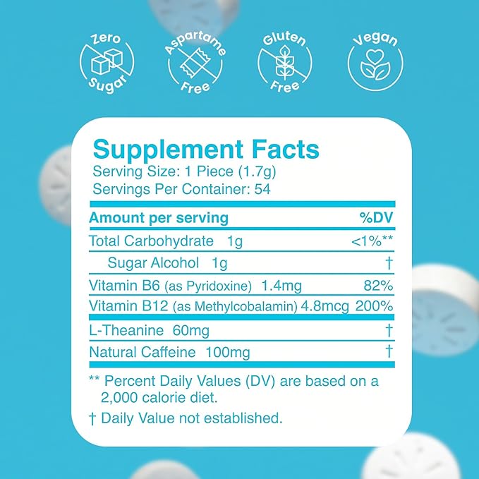 Neuro Energy & Focus Gum, Extra Strength - 100mg Natural Caffeine Gum & Nootropic Energy Supplement with L-Theanine & B Vitamins - Sugar Free, Vegan - Peppermint, 54ct