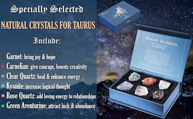 Faivykyd Taurus Gifts for Women, 6 Taurus Zodiac Crystals with 50 Miracle Mantras Affirmation Cards, Healing Astrology Gifts for Motivation, Promote Positive Energy