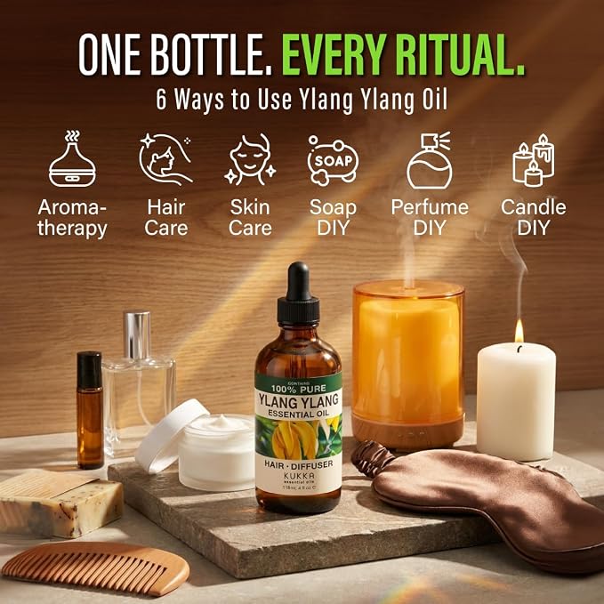 100% Pure Ylang Ylang Oil - 4 Fl Oz Ylang Ylang Essential Oil for Hair, Skin, Diffuser, Aromatherapy & DIY Soap Making Scent
