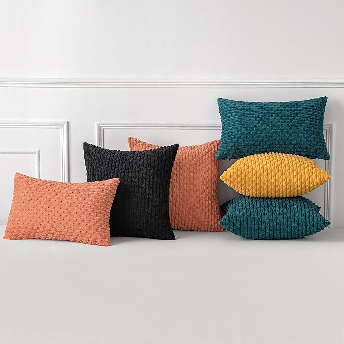 MIULEE Lumbar Decorative Throw Pillow Covers 12x20 Teal Blue Corduroy | Textured Striped Pack of 2 Striped Pillow Covers Modern Farmhouse Home Decor for Couch Bed Sofa Living Room