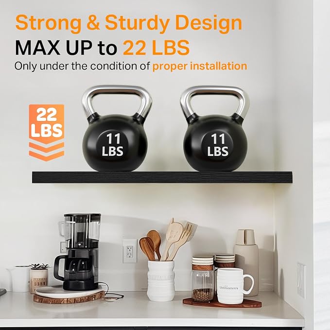 BAYKA Black Floating Shelves 22.5in, Set of 2, Wall Mount Rustic Wood Shelf | Easy Install, 22lbs Max Load, Hidden Bracket, for Bathroom Bedroom Kitchen Display Storage Decor, Hanging Book Shelf