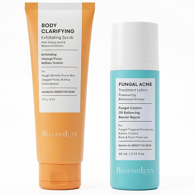 BellamiLuxx Fungal Acne Care 2-Step Routine: Helps with Bumps, Clusters, Itch & Redness – Body Acne Scrub + Lightweight Anti-Fungal Face & Body Lotion for Fungal Skin with Natural Actives