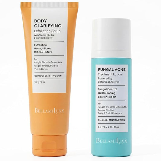 BellamiLuxx Fungal Acne Care 2-Step Routine: Helps with Bumps, Clusters, Itch & Redness – Body Acne Scrub + Lightweight Anti-Fungal Face & Body Lotion for Fungal Skin with Natural Actives
