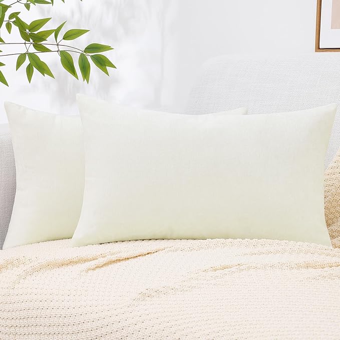 decorUhome Soft Chenille Cream White Throw Pillow Covers 12X20 Set of 2 | Decorative Fall Couch Pillow Covers Solid Dyed Accent Modern Farmhouse Neutral Rectangle Pillow Cases for Sofa